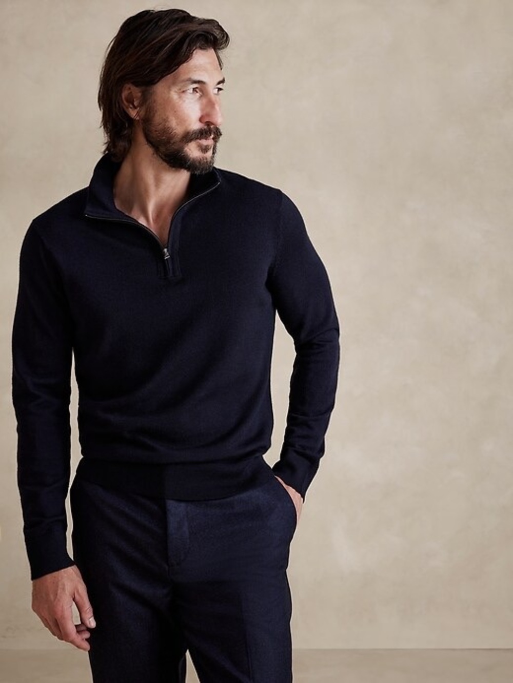 Banana Republic Raoul Italian 100% merino wool sweater navy blue quarter zip Lrg